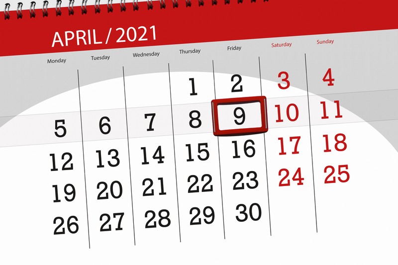 Calendar planner for the month April 2021, deadline day, 9, friday.