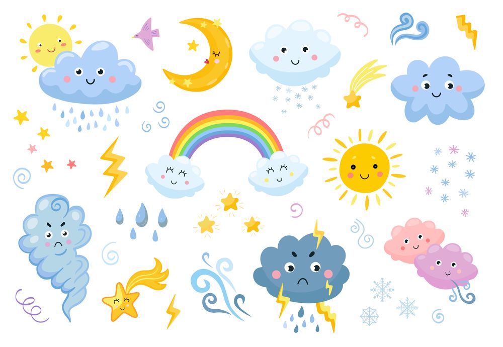 Weather emoticon flat icon set. Cartoon rainbow, rain and snow clouds, sun, moon, star, lightening, wind isolated vector illustration collection. Meteorology and sky concept