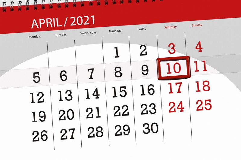 Calendar planner for the month April 2021, deadline day, 10, saturday.
