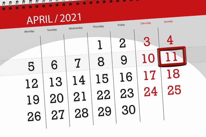 Calendar planner for the month April 2021, deadline day, 11, sunday.