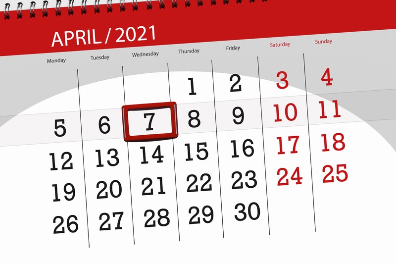Calendar planner for the month April 2021, deadline day, 7, wednesday.