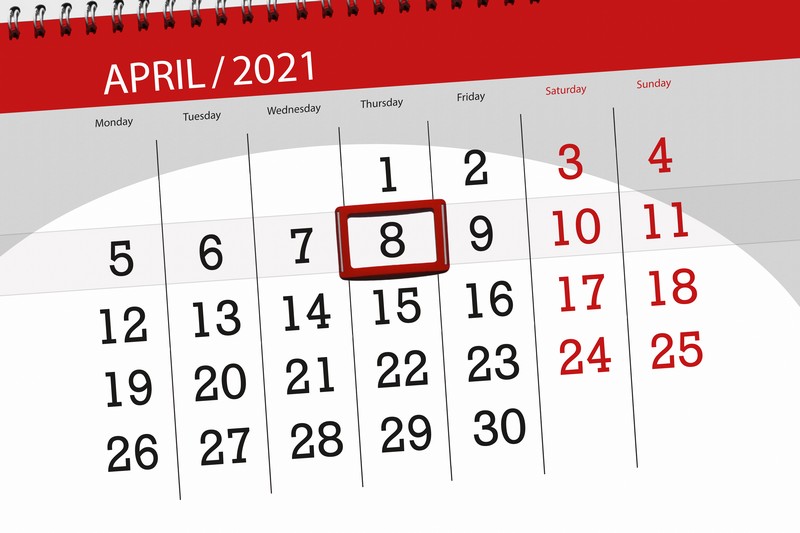 Calendar planner for the month April 2021, deadline day, 8, thursday.