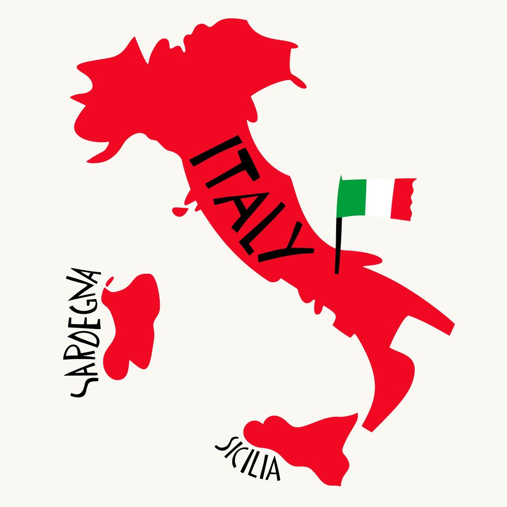 Vector hand drawn stylized map of Italy. Travel illustration of Italian Republic shape. Hand drawn lettering illustration. Europe mediterranean map element
