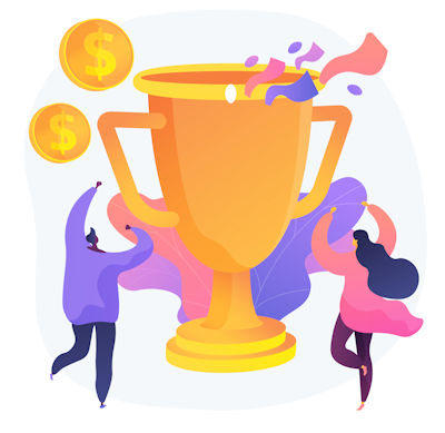 Money prize, trophy, deserved reward. Team success, championship, high achievement. Monetary award recipients, winners cartoon characters. Vector isolated concept metaphor illustration.