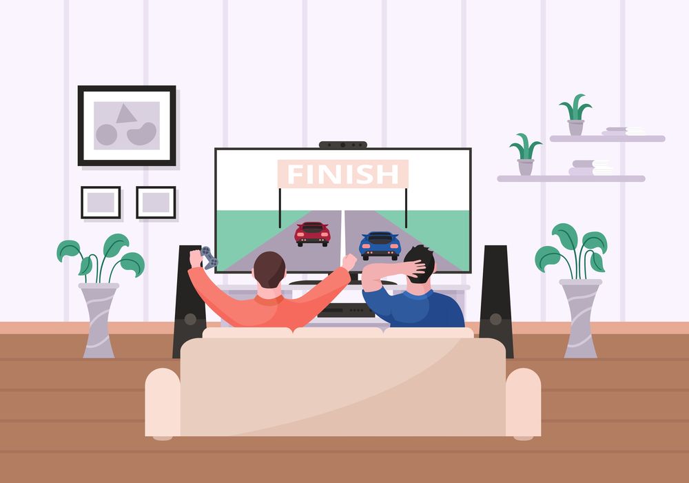 Family auto racing fan watching rally on tv screen at home. Friend or brother enjoy automobile sport competition game live broadcast on television relaxing in living room vector illustration